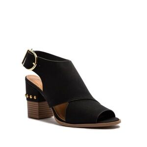 Qupid Black Block Heel Sandals with Gold Accents